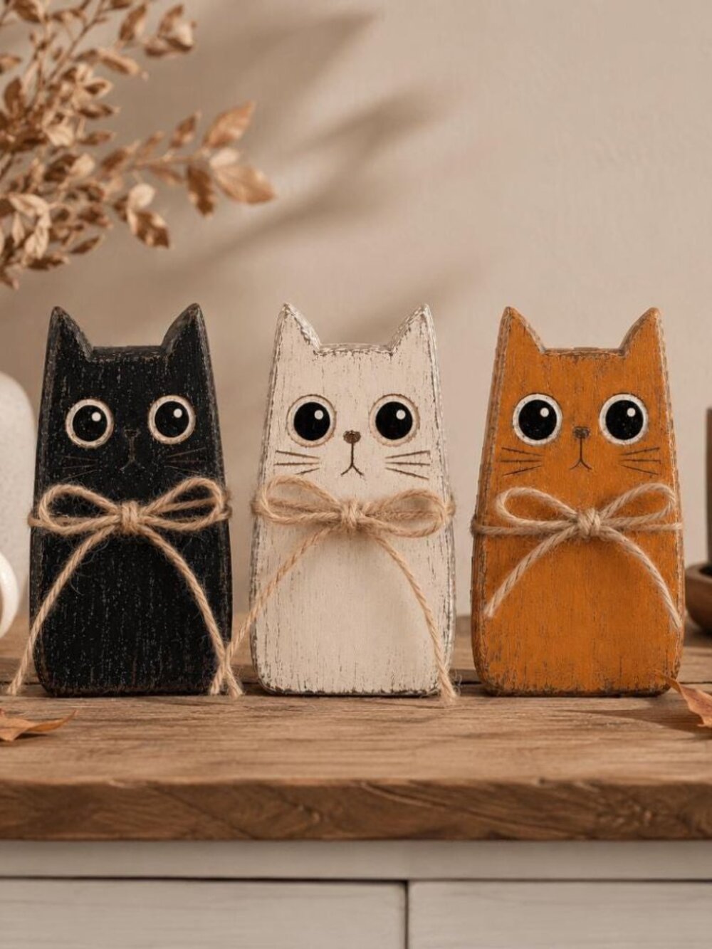 2D Wooden Cat Blocks Set, 3ps Halloween Wooden Rustic Shelf Sitter